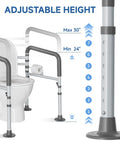 Adjustable height of Premium Heavy Duty Steel Toilet Safety Rail For Seniors, showing min 24" and max 30" settings.