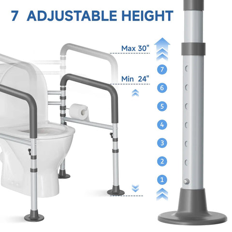 Adjustable height of Premium Heavy Duty Steel Toilet Safety Rail For Seniors, showing min 24" and max 30" settings.