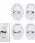Heavy Duty Silicone Door Latch Covers for Your Ride Prevent Metal on Metal Screeching Sound with Self Adhesive Backing to Silence Door Jams on Cars Trucks Suv White Pack of Four, showing four white silicone caps.