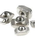 100 Pack Of M6 T Slot Nuts Forged From Nickel Plated Carbon Steel For 4545 Aluminum Extrusions Featuring various sizes of T slot nuts.