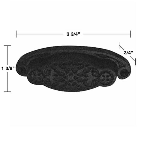 Kickass Black Wrought Iron Drawer Pulls Rock Solid Rust Resistant Powder Coat Finish 3.25 Inch Center Cup Bin Cabinet Hardware Smooth Grip Pack Of Six Built Tough, detailed view with dimensions.