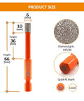 Image showing Dry Diamond Drill Bits Set, 2 Pack, One Quarter Inch Hex Shank With Quick Change, Multi Purpose For Granite Marble Tile Ceramic Porcelain, Built In Wax Cooling Core For Dry Drilling; includes size and specifications info.