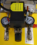 Close-up view of pressure gauges and controls on a 10 Gallon Oil Lubricated Air Compressor With 3.5HP Industrial Motor.