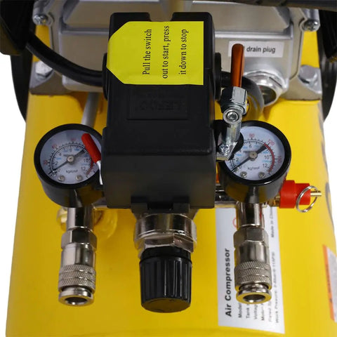 Close-up view of pressure gauges and controls on a 10 Gallon Oil Lubricated Air Compressor With 3.5HP Industrial Motor.
