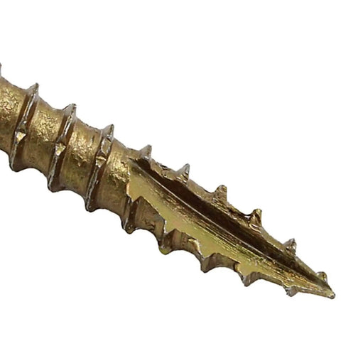 Close-up of Top Shelf Pro Grade Star Drive Wood Screws Gauge 7 By 2.5 Inch with bronze ceramic coating for exterior use.