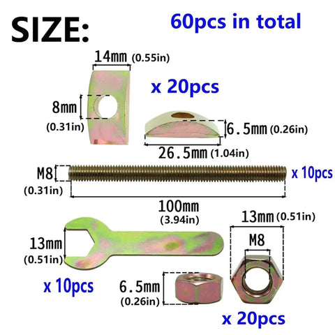 Rock Solid Countertop Connector Kit With 10 Sets Of Drawbolt Bolts showing dimensions and parts for assembly
