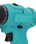 Heavy Duty Cordless Drill With Dope Torque And High Speed Rotation For Wood Aluminum Steel angled close-up of handle and chuck.