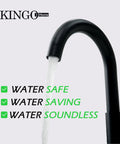 Matte black faucet with running water by KINGO Home, highlighting water safety, saving, and soundless features on white background.