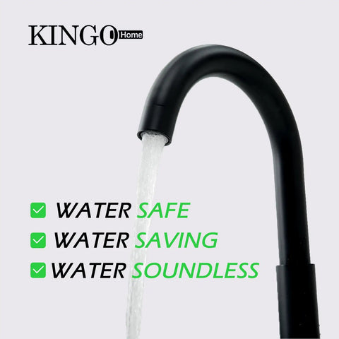 Matte black faucet with running water by KINGO Home, highlighting water safety, saving, and soundless features on white background.