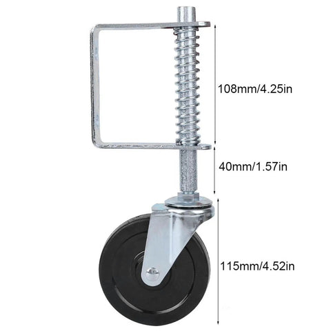 Heavy Duty Spring Loaded Gate Caster With Butter Smooth 360 Swivel Fence Hubs And Shock Resistant Treads For Knocking Out Sag Problems On Outdoor Gates, shown from the side with dimensions labeled.