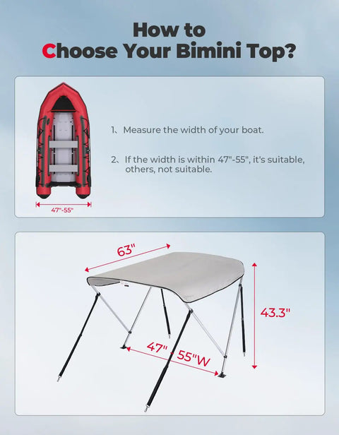Beefy Boat Bimini Top Shade Cover With Marine Grade 600D Canvas, 2 Bow Design, dimensions guide for 47 to 55 in width.