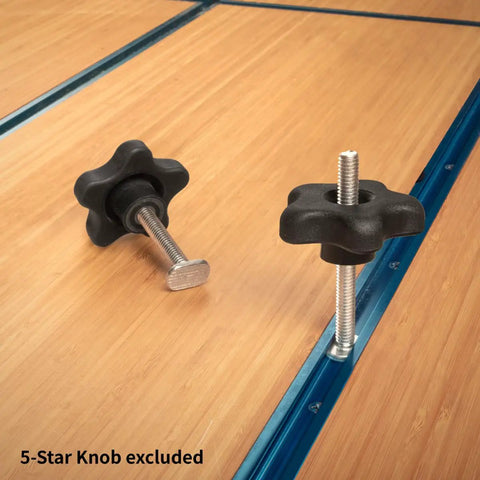 Top Grade 5 16 Inch 18 T Track Bolts 20 Pack 2 1 2 Inch Long T Slot Nuts For Universal Table Machines And Woodworking Jigs Killer Grip Built Tough workshop setup featuring black knobs and metal bolts.