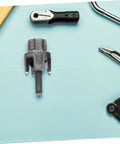 Pro Grade 3pc Pipe Threader Tool Kit For Plumbers Compatible With Electric Drill Steel Pipe Threading bit cutter on blue background.