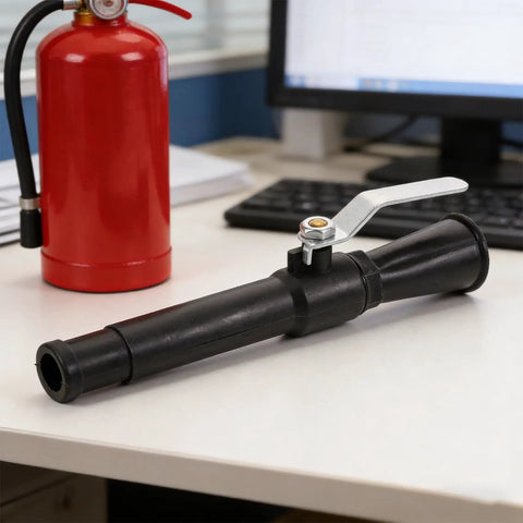 Heavy Duty Fire Extinguisher Spray Nozzle Replacement Kit For Handheld Portable Units Black two-piece sprayer head on desk.