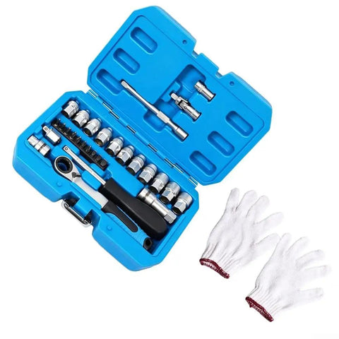 29 Piece Heavy Duty Through Hole Ratchet Socket Set Metric 12 Point Tool Kit Featuring Slick Rolling 72 Tooth Mechanism with rubber gloves.
