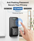 Keyless Entry Door Lock With Smart Knob Set And App Control Generating One Hundred Secure Pin Codes For Family Or Guest Access No Hassle Diy Install And Rock Solid Weather Proof Performance, close-up of keypad with user inputting code.