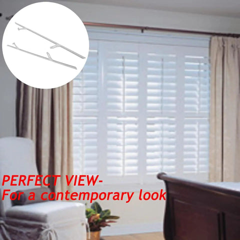 No Hassle Shutter Vane Repair Slider And Tilt Bar Connector Kit For Vinyl Plantation Shutters Slides Right In For 3.25 Inch Center Spacing 30 Piece Reconnect Pack displayed with white curtains.