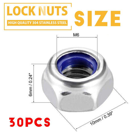 Kickass Hex Lock Nuts With Nylon Insert M6 And M8 Metric 304 Stainless Steel Self Locking Fastener Kit close-up of M6 nylon lock nut.
