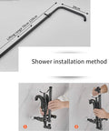 Shower installation method showing matte black wall-mounted fixture with dimensions 34cm and lifting range 70cm-120cm.