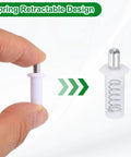 Rock Solid Spring Loaded Shutter Repair Pins 80 Piece White Set Quick Fix Hardware For Window Blinds Cabinet Doors and Movable Blade Adjustments, hand holding white clip with spring mechanism.