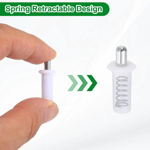 Rock Solid Spring Loaded Shutter Repair Pins 80 Piece White Set Quick Fix Hardware For Window Blinds Cabinet Doors and Movable Blade Adjustments, hand holding white clip with spring mechanism.