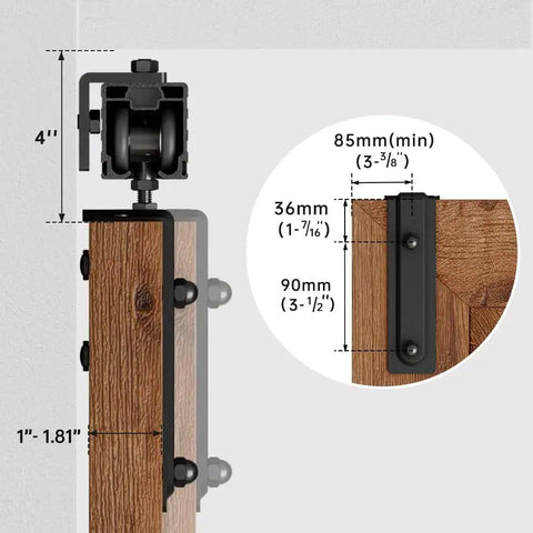 Close-up of Double Barn Door Hardware, Twelve Foot Heavy Duty Aluminum Box Rail with smooth glide roller and dimensions.