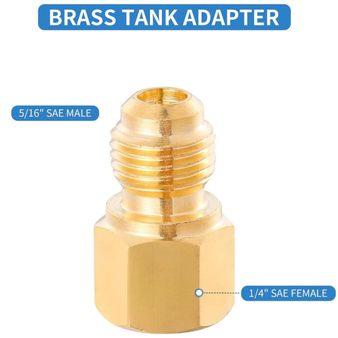 Heavy Duty R12 R22 R410 Refrigerant Charging Valve With Brass Tank Adapter Pro Game Changer Air Conditioner Manifold Quick Connect Fitting No Sweat Hvac Repair Tool close-up of brass tank adapter with female and male SAE fittings.