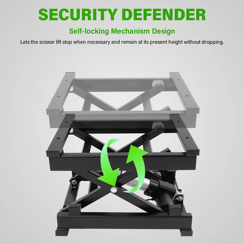 Rock Solid Electric Scissor Lift Table 130 Pound Capacity Adjustable Hydraulic Lifting Platform With Wireless Remote showing self-locking mechanism design.