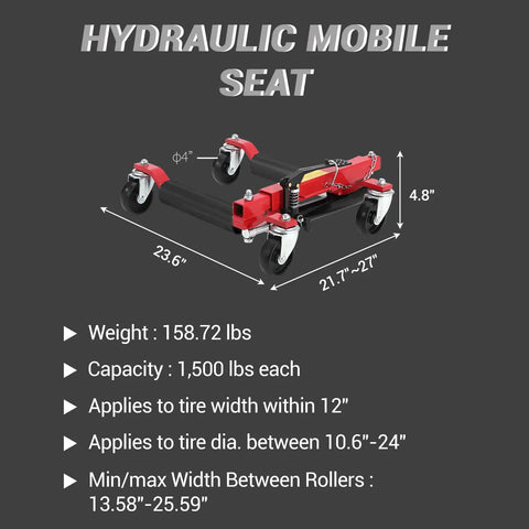 Hydraulic Mobile Seat dimensions showing 23.6" x 4.8" x 21.7"-27" with 1500 lbs capacity for easy tire work.