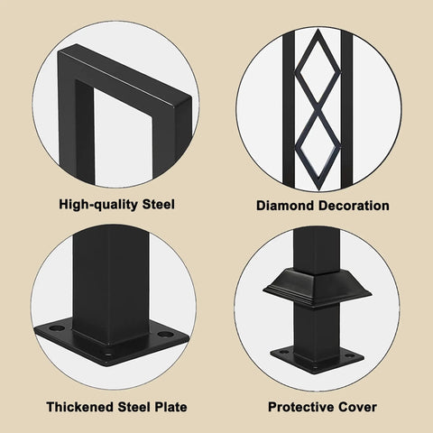 Close-up of features of Level Up Your Staircase Setup With This Solid Black Wrought Iron U Shaped Handrail, showcasing steel and diamond pattern.