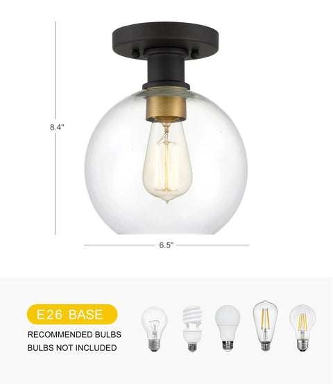 Modern Farmhouse 1 Light Flush Mount Ceiling Light With Clear Glass Globe In Black And Gold Finish, dimensions shown