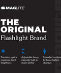The Original Flashlight Brand text image with icons highlighting precision optics, adjustable beam, and extended runtime.