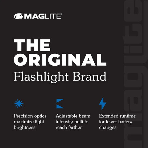 The Original Flashlight Brand text image with icons highlighting precision optics, adjustable beam, and extended runtime.