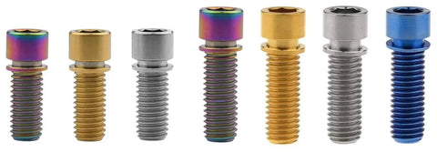 Built Tough Titanium Bike Bolt Set Inner Hexagon Fasteners Lightweight Corrosion Resistant Cycling Hardware in various colors.