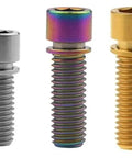 Straight Up Top Shelf Titanium Hex Head Screws 4 Piece Built Damn Tough For Mountain Bikes And Road Cycles Lightweight Heavy Duty Cycle Fastener Replacement Kit M8 X 25mm, assorted colors and sizes, shown from the side.