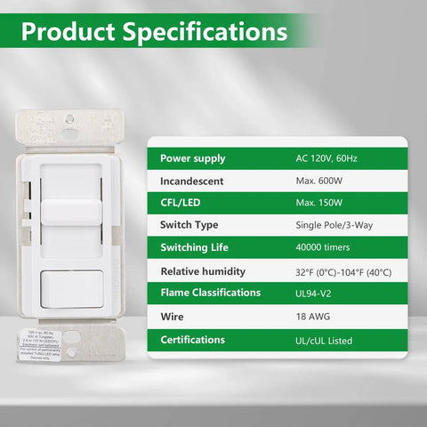 Plug And Play Easy Install Dimmer Switch For LED And CFL Bulbs Plus Traditional Incandescent And Halogen 120V 150W Dimmable 600W Max No Neutral Wire Needed UL Listed White next to specifications chart.