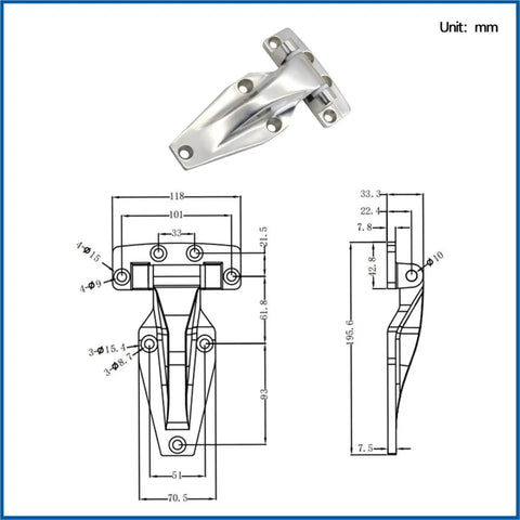 Rock Solid Heavy Duty Refrigerator And Container Door Hinges Crafted From Genuine 304 Stainless Steel detailed technical drawing dimensions.