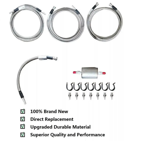 Straight Shot Stainless Steel Braided Fuel Line Quick Fix Kit For 1999 To 2003 Chevy Silverado GMC Sierra V8, includes fuel lines and filter.