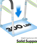 Rock Solid Adjustable Toilet Safety Rails For Seniors 300 Lbs Capacity Bathroom Assist Grab Bars showing solid support and weight limit.