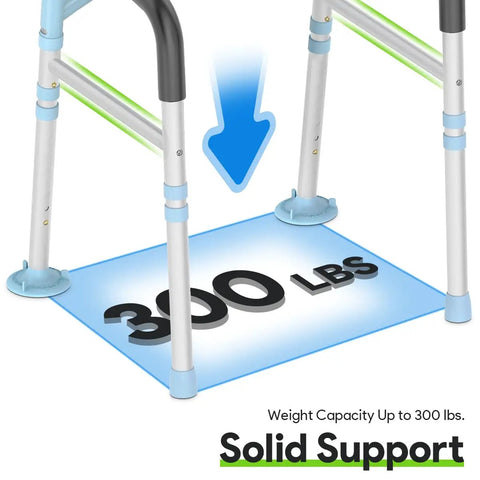 Rock Solid Adjustable Toilet Safety Rails For Seniors 300 Lbs Capacity Bathroom Assist Grab Bars showing solid support and weight limit.