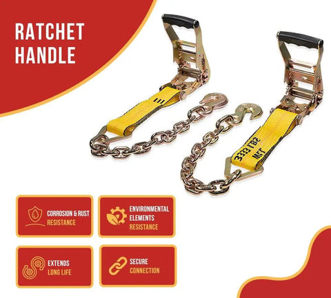 4 Pack 2x10 Inch Heavy Duty Wheel Tie Down Straps With Double Ratchets And Chain Anchors 3300 Lbs WLL ratchet handle details