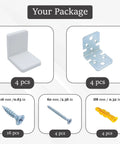 Heavy Duty Stainless Steel L Bracket Pack Of 4 White Shelf Corner Supports With Concealed Plastic Covers For Cabinets And Furniture Anti Tip Safety Anchors Built Tough Zero Wobble Guaranteed Strong Hold - Package includes corner braces and screws.
