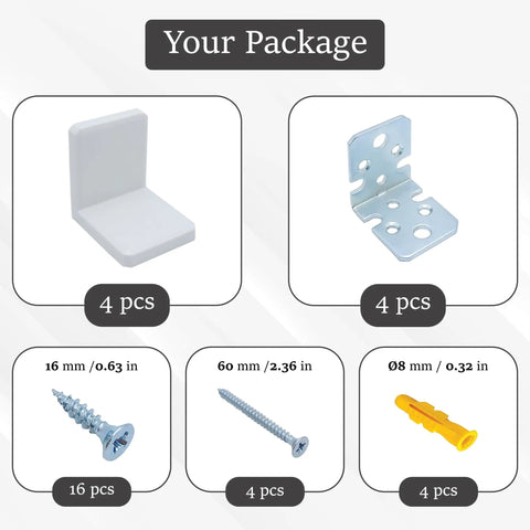 Heavy Duty Stainless Steel L Bracket Pack Of 4 White Shelf Corner Supports With Concealed Plastic Covers For Cabinets And Furniture Anti Tip Safety Anchors Built Tough Zero Wobble Guaranteed Strong Hold - Package includes corner braces and screws.