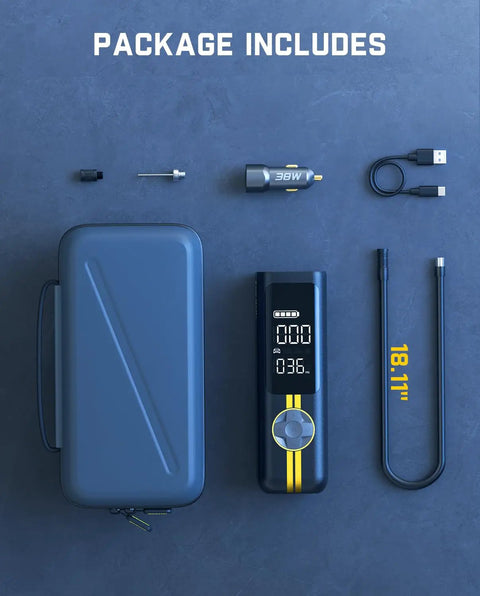 Included contents of X8 Apex Tire Inflator Portable Cordless Air Compressor With LED Dual Screen and accessories displayed.