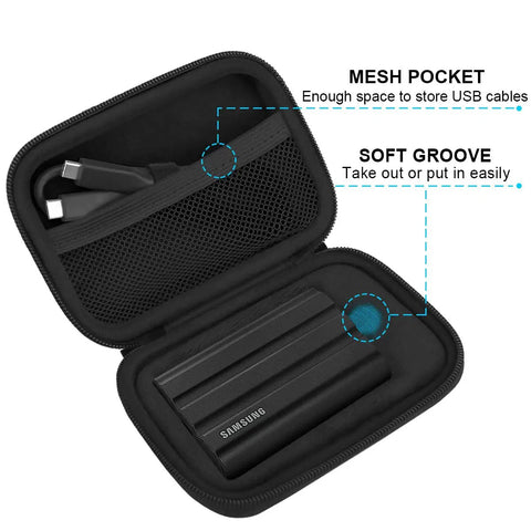 Open black Hard EVA Carrying Case For Samsung T7 Shield T7 And T7 Touch Portable SSDs showing mesh pocket and groove