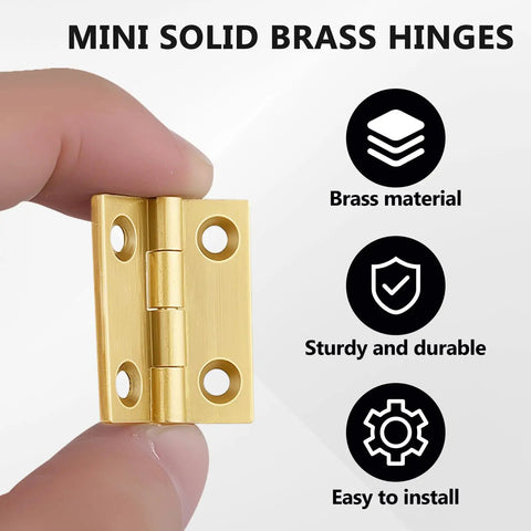 Straight Up Solid Premium Mini Brass Hinges For Cabinets And Drawers Rustproof Antique Hardware Fits Jewelry Boxes Wood Crates Built Tough 8 Pack One Inch, held between fingers.