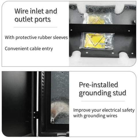 Heavy Duty EV Charger Lock Box With Stand features wire inlet and outlet ports, protective rubber sleeves, and grounding stud.