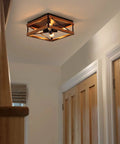 4 Light Rustic Farmhouse Flush Mount Ceiling Light With Metal And Wood Square Frame Dope Black Finish in hallway