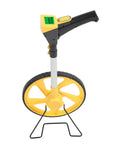 Digital Measuring Wheel With Backlit LCD Display That Swaps Quick Between Feet And Meters showing display panel and yellow wheel.