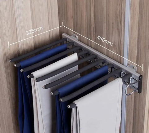Expandable Steel Pants Rack Designed To Keep Your Duds Neatly Organized with Nine Flocked Arms holding various pants.